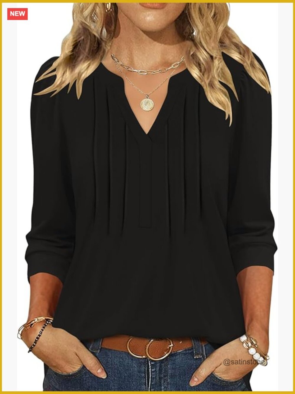 3/4 Length Sleeve Pleated Puff Sleeve V Neck Blouse Tunic Blouse
